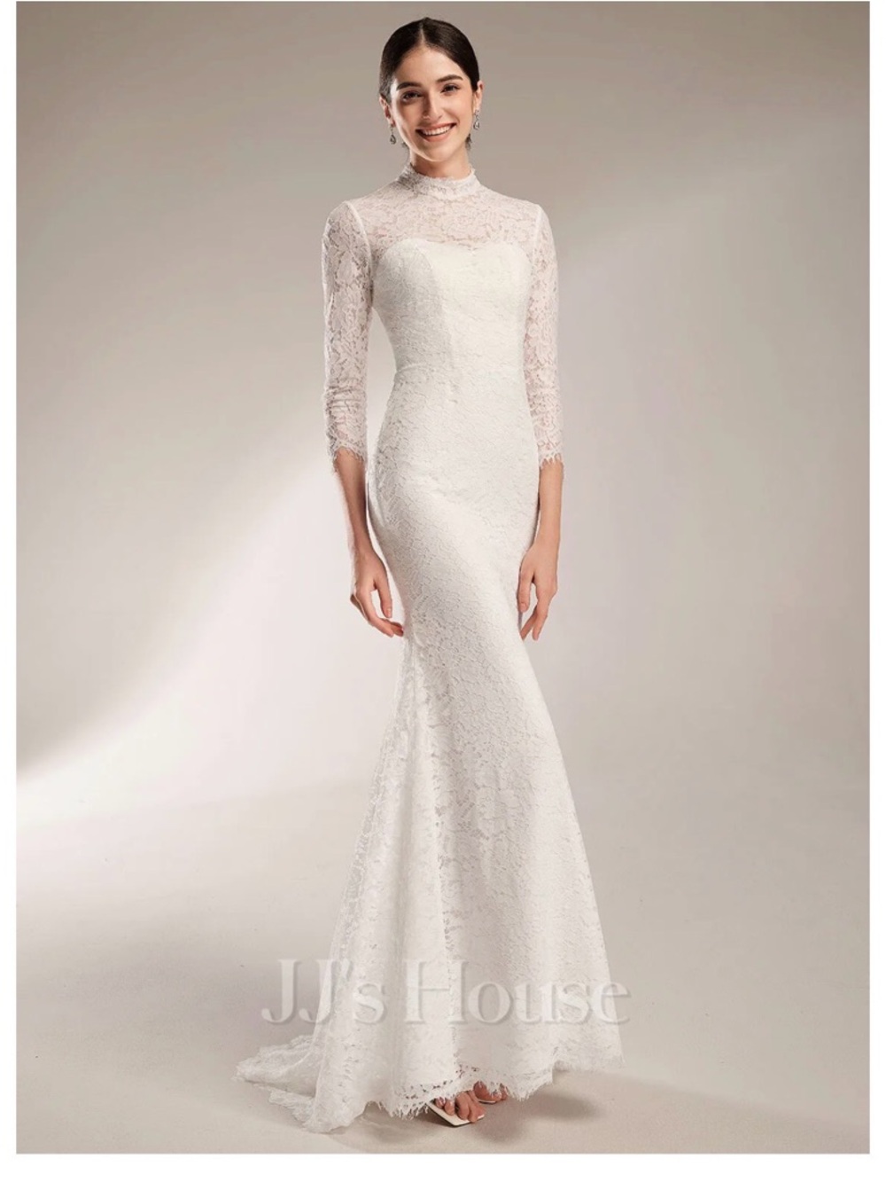 JJs House Ivory Lace Mermaid Gown with High Illusion Neck